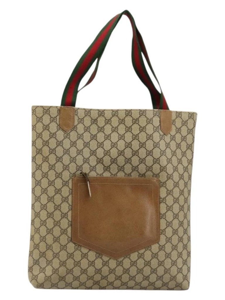 Gucci Gg Supreme Web Sherry Line Tote Bag Pvc Beige Red Green Auth
